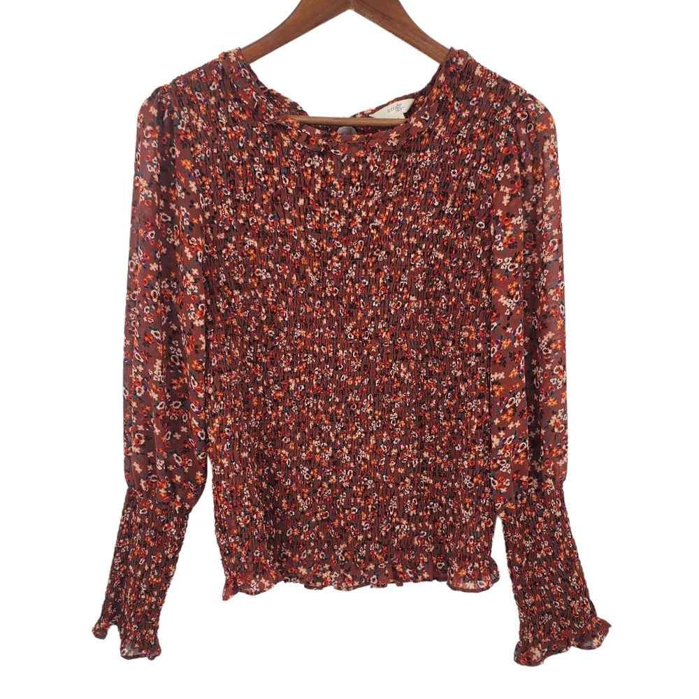 Brown Floral Smocked Blouse Long Sleeve Square Neck Romantic Boho Womens 0X /14W